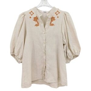 Lanhtropy Bubble Linen Shirt Womens Medium Oatmeal Beige Embroidered Puff Sleeve